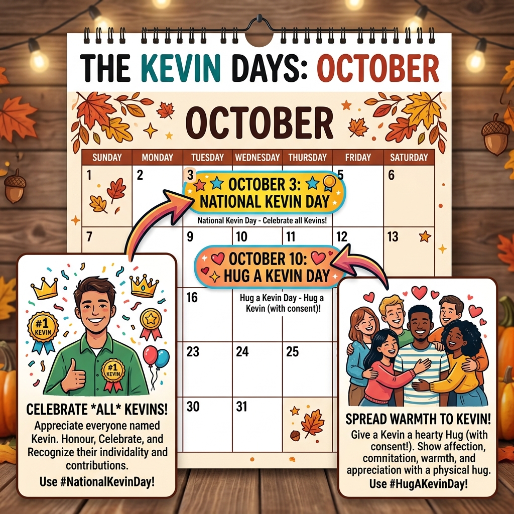 Calendar graphic pointing to October 3rd and October 10th for National Kevin Day