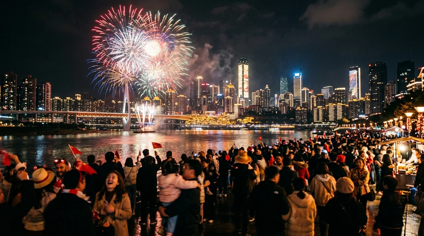 Nat Day celebration with fireworks over city skyline (AI Generated Image)